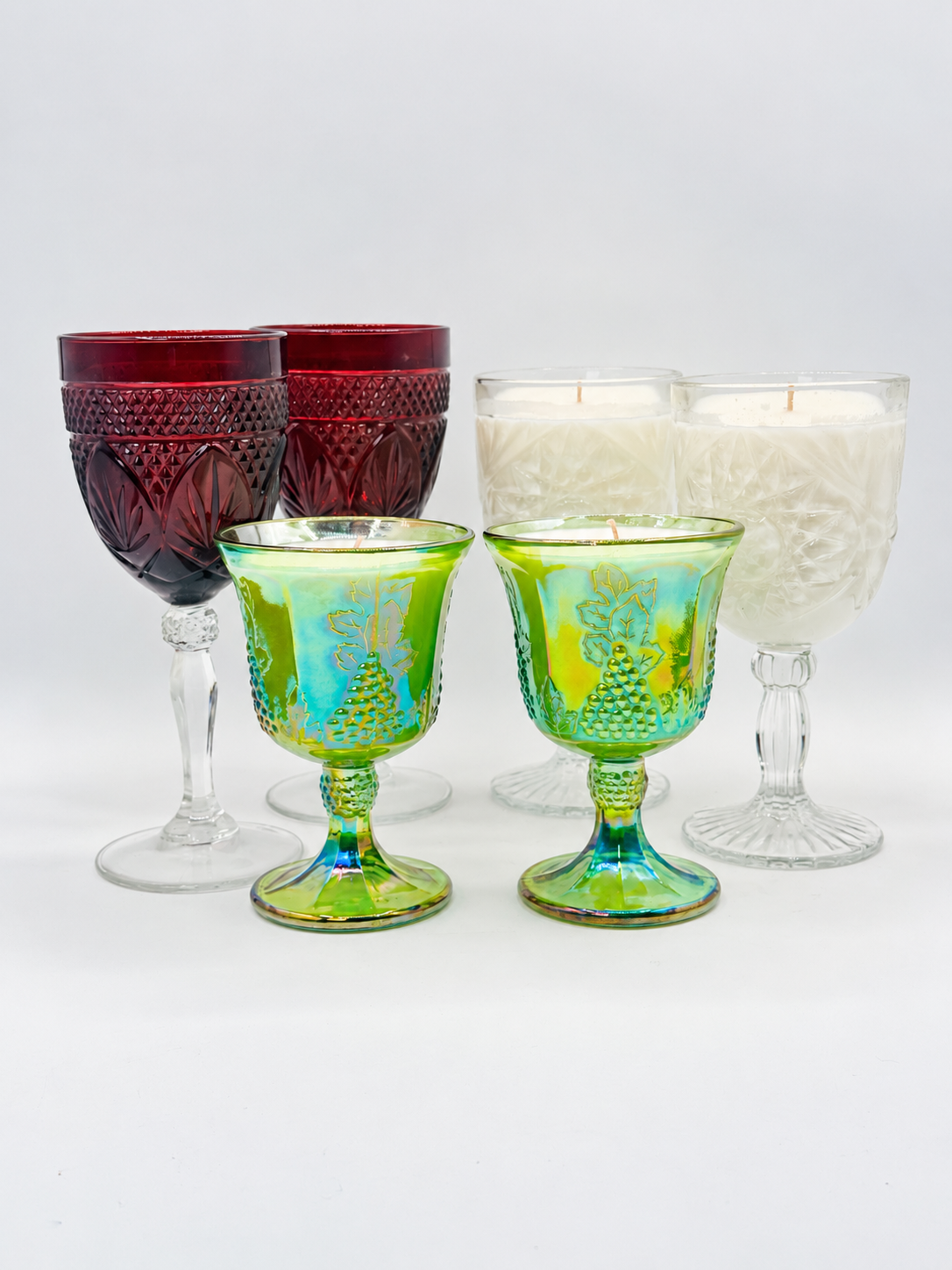Soy candle in red vintage glass stemware